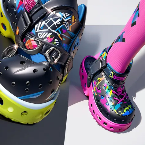 Crocs shoes, vibrant and chibi-inspired, dominate the scene. Studs glint under focused light, while bold symbols and patterns adorn the vinyl body, evoking an anarchy-punk aesthetic. A fabric strap, intricately textured, stretches across the top, secured b...