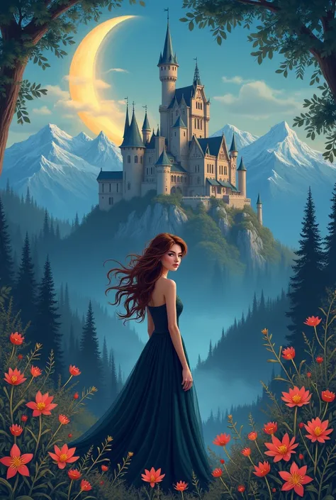 (masterpiece),(best quality), illustration, (fantasy:1.4), witch, cute detailed digital art, beautiful face, brown hair, hair up, castle, mountain, dark color long dress, a moon, flowers , paper_cut