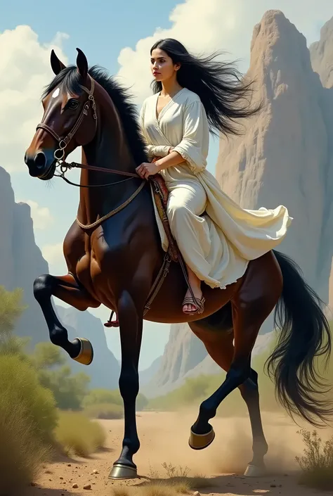 A masterpiece, de la meilleure qualité, Very detailed, very realistic, a beautiful arab girl, riding a purebred Arabian horse while standing on its hind legs, des vêtements traditionnels pour femmes, de longs cheveux noirs portés par le vent dans lair, the...