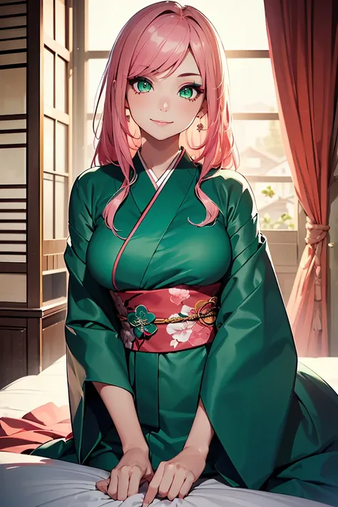 ((1 girl)), Latest Fashion Trends,Open kimono, Oiran, Long Japanese sword, Succubus, Mischievous smile, lie down in bed, Relaxed pose,Cowboy Shot,((Very detailed,Best Quality, High resolution, 8K wallpaper, Beautiful clothes,)),((Pink Hair, Long Hair,Strai...