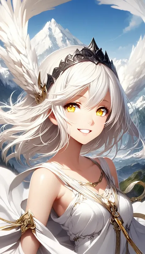 Perfect Eyes, Graceful posture, happy, Long white hair, Yellow Eyes, Black Tiara, Mountain, cloud, amazing, Close-up shot, Watching the audience, Open lips, happy face, smile, Mid-chest, White Dress, Shoulder Bare, Clevis 