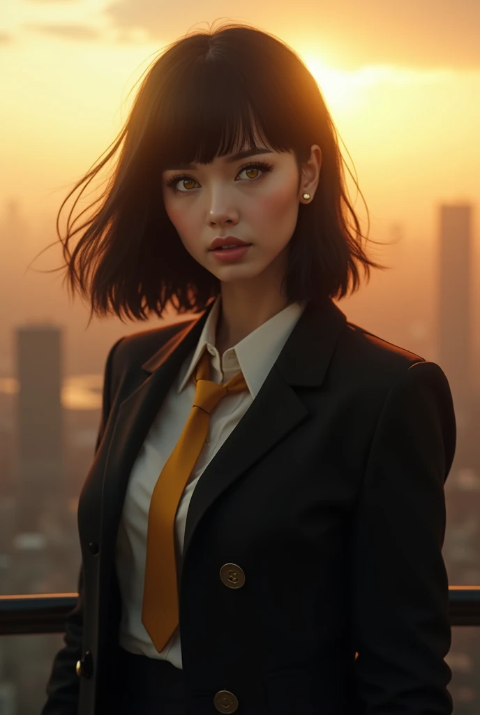 1girl, intricate detail, masterpiece, best quality, extremly detailed,cinematic lighting, beautiful detailed glow, finely detailed beautiful face and eyes, 8k, dark intense shadows, yellow eyes, medium hair, black hair, bangs, floating hair, black jacket, ...