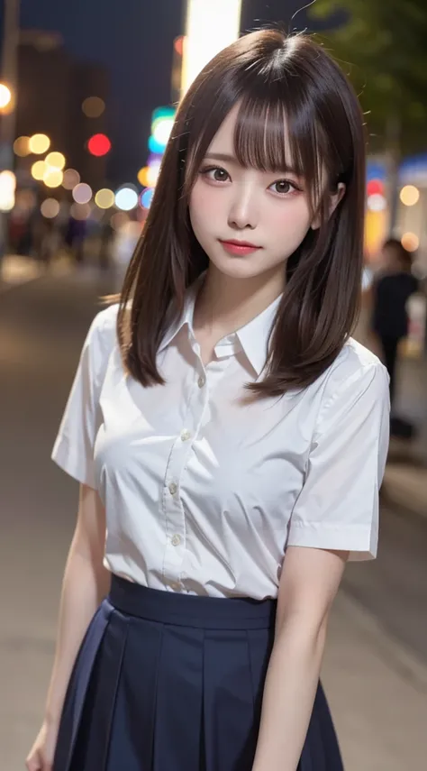 Beautiful girl very beautiful fine face, Laugh shyly, Deep Valley), (彼女は非常にLarge Breastsを持っています、She leans forward and presses her breasts against、Navy blue skirt and high school uniform、,,,、:1.3), (Large Breasts.), (Tight clothing), Her hair is a bob, (Bea...