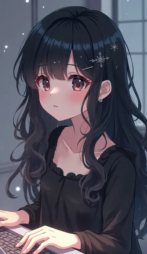 Long Hair1girl, Headphones, Sparkle, Hair Clip, Hair Ribbon, Jewelry, Bangs, Blush, Anime, Sparkle, Hairband, Earrings, Long Hair, Wavy Hair, Hair black teen with  a computer
Blush, Nose Blush,  no smile with a black dress

