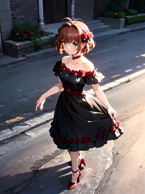 (ba(suzumiyaharuka),  1 female, Alone, Orange Hair, Reddish brown hair, Green Eyes, Short Hair, Pink hair ornament, 0lg0th1cr0s3s, bare shoulders,flower,off shoulder,black dress,high heels,red footwear,red rose,off-shoulder dress, shiny dress, rose trim,