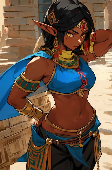 1girl athletic gerudo, elf ears, yellow eyes, black hair, (dark skin:0.7), (detailed face:1.1), portrait travelling merchant very wide hips, big , aztec style outfit, long pants outdoors, masterwork, best quality, highly detailed