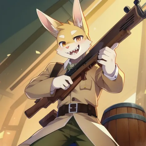 solo, male, rabbit, yellow colored fur, lean body, anthropomorphic rabbit, tan trench uniform, holding bolt action rifle, sharp teeth smile, agressive expression, trench theme, holding wooden bolt action rifle, Kar98K, straight barrel, normal looking gun