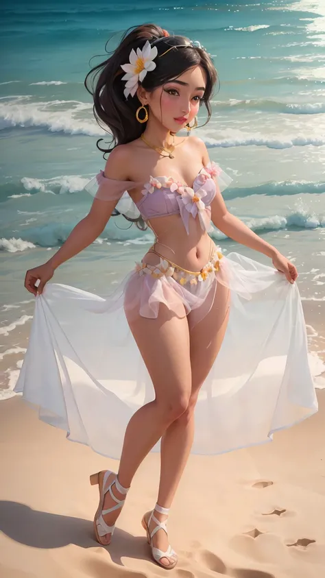 ((full body photo)),  jasmine  1girl, beach, ballerina dress, dance hall, solo, looking at viewer, smile, jewelry, full body, flower, earring, off shoulder, makeup, nsfw