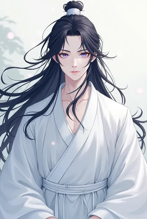 young man () chines kimono branco, very long black hair, the pale skin is branca, Lilac eyes, white band tied around the forehead