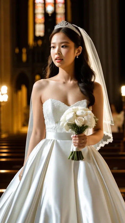 RAW photo, Jennie_blackpink, wearing a white satin ballgown wedding dress, opera gloves, veil, tiara, bow belt, holding bouquet, walking down the aisle in a grand cathedral, realistic, HD, 4k, crisp resolution,  masterpiece, best quality, ultra-detailed, u...