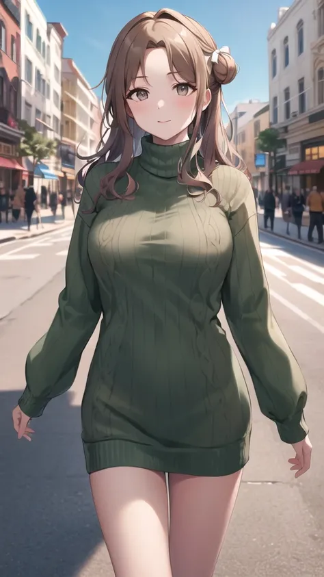 masterpiece, best quality, highres, hmhinana, long hair, single side bun, hair ribbon, cowboy shot, walking, street, turtleneck, virgin killer sweater, ribbed sweater, long sleeves,