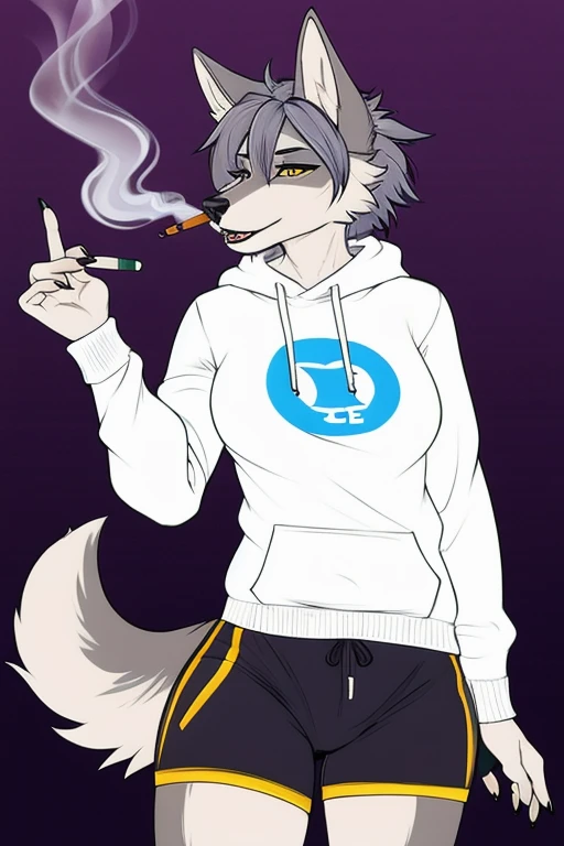 Wolf wearing sweatshirt short and tight shorts smoking 