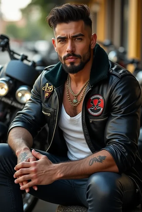 Masterpiece, HD wallpaper, 4k hombre cubano elegant y musculoso )(hairy body) strong muscular legs tight leather pants, Two-tone T-shirt with a spectacular leather and velvet jacket, fashion, modern surreal print,, close up, Perfect face, many details,  su...