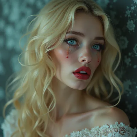 High Resolution, Long Hair, Breasts, Looking at viewer, Open Mouth, Blue eyes, Blonde Hair, Parted Lips, Tears, From Behind, Dutch Angle, Best Quality, Detail, High Details, Super Detailed, Large breasts, Makeup, Teeth, Mouth Hold, Crying, Surprised, Heavy...