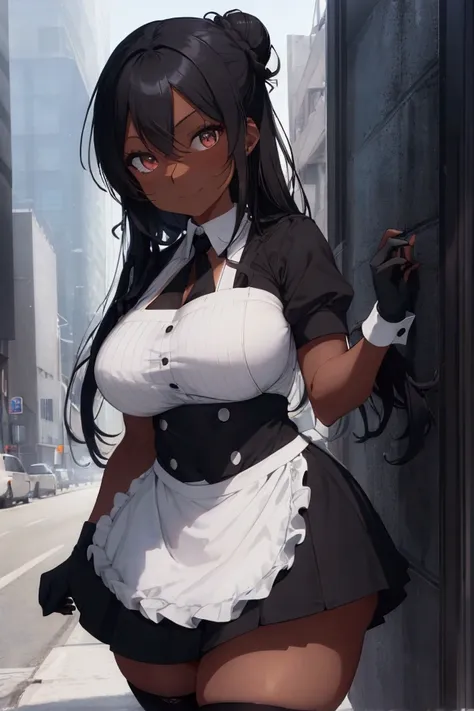 (Isade, 20 years old, 178cm tall, slender build, petite waist, mature and sensual figure, large breasts, plump rear, dark skin tone), (Dark skin color: 1.5), 1girl, standing outside a building during daytime, wearing a classic black and white maid uniform ...