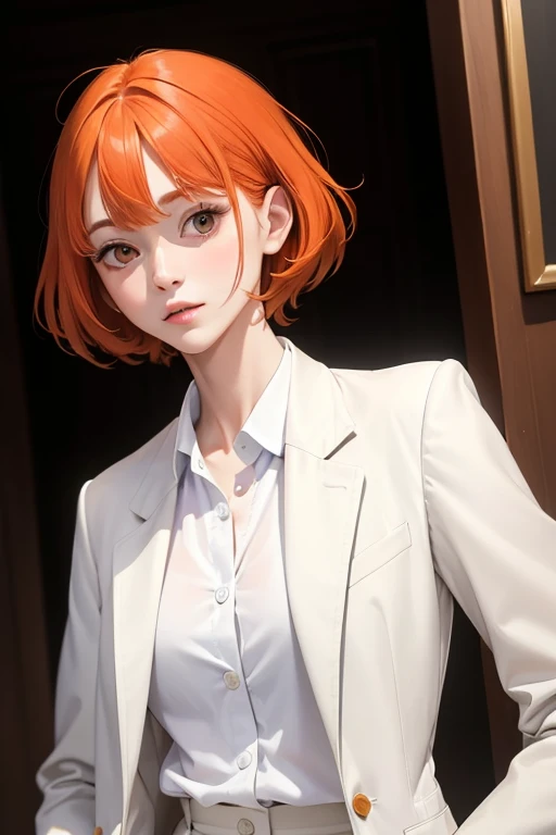 (masterpiece:1.4), (better quality:1.2), morning, 1 , white shirtbrown coatorange hair, upper body