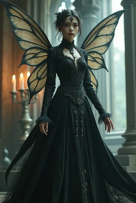 Gothic fairy with exotic features and a coat, Angel Wings.