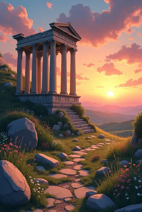 **"Depict a beautifully detailed anime-style scene of a ruined ancient Greek temple, standing majestically atop a lush hill. The once grand marble columns are now cracked and broken, with vines and moss creeping up their surfaces, giving an air of timeless...