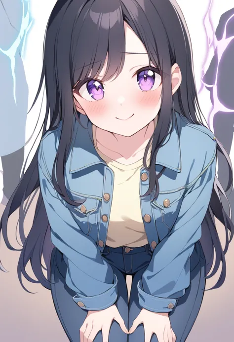 create an extremely beautiful girl,with violet eyes, black hair,average height 1,60 ,magic smile,denim jacket and pants. leave with your hands on your knees and with an embarrassed look 