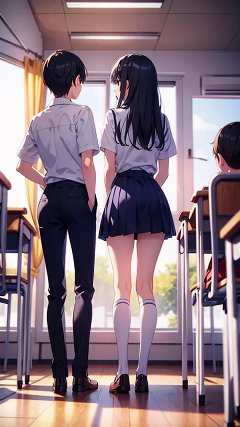 standing in a classroom with one&#39;s arms folded behind one&#39;s back、Anime girl in uniform wearing white crew socks and black loafers