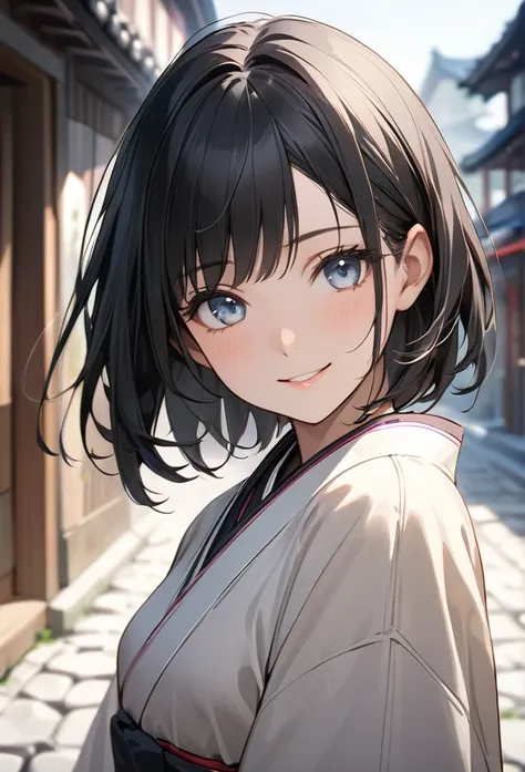 Upper body close-up（((masterpiece), on)"Perfect face, short black hair, beautiful eyes, Japanese, clean facial features, the blurred stone-paved streets stretch out in the background, highlighting her same gentle smile. Her face exudes calm, with no change...