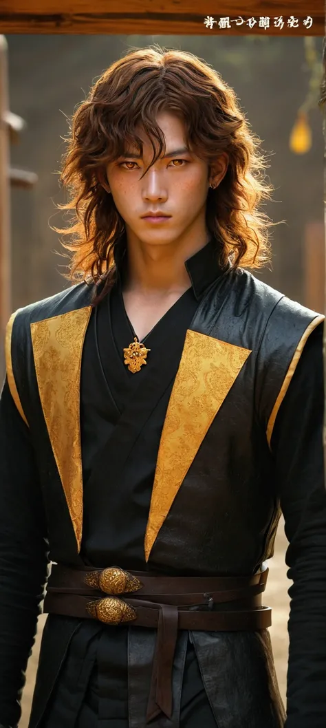 A boy with brown, wavy hair, with two orange streaks in the front. Japanese and fair skin, and a serious face with freckles on his face. It has a rectangular shaped Japanese earring and a golden fox necklace.. Wears black medieval leather clothes, with a h...