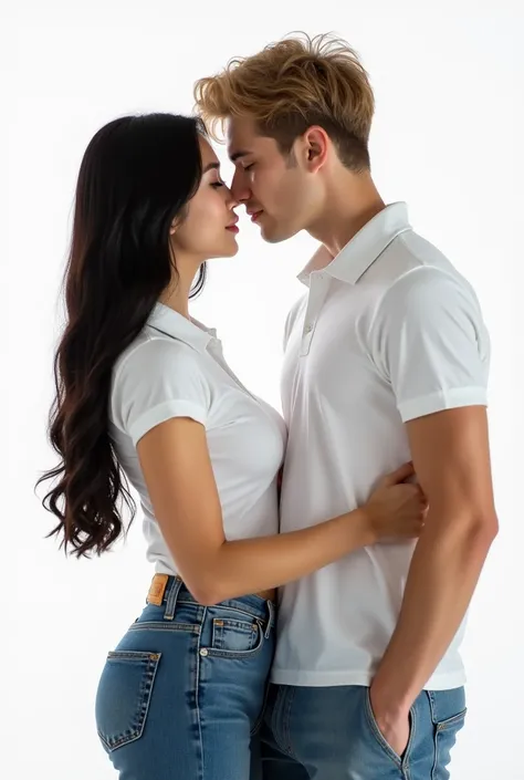 Bergaya photography,beautiful chinese women,black hair,ideal body,solid chest,wearing a light white tight tennis polo,wearing tight blue jeans,wearing white high heels,kissing a skinny caucasian young man side ways on the lips,close eyes,best quality 8k hd...