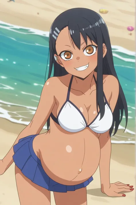 score_9, score_8_up, score_7_up, source_anime, anime screencap, anime coloring, 
hayasenagatoro,
hayase nagatoro, long hair, bangs, black hair, hair ornament, brown eyes, hairclip, dark skin, dark-skinned female, tan, bikini, panties, nail polish, red nail...