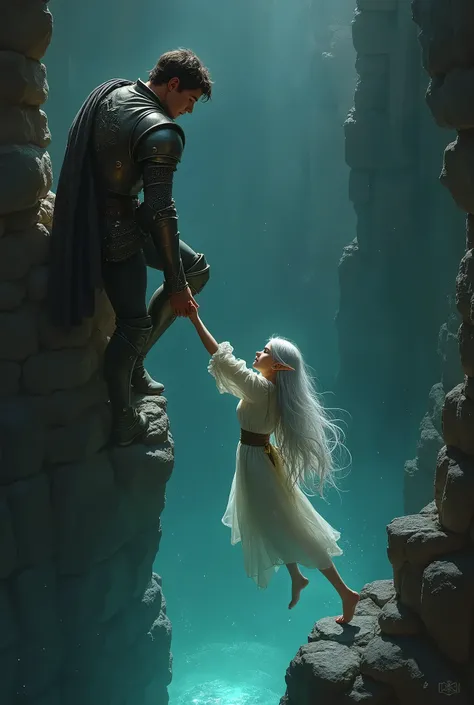 A young brown-haired human knight reached out to help pull a silver-haired elf girl out of a dark, magical pit.