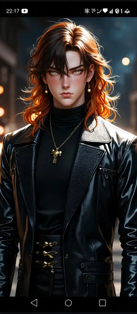 A boy with brown, wavy hair, with two orange streaks in the front. Japanese and fair skin, and a serious face with freckles on his face. It has a rectangular shaped Japanese earring and a golden fox necklace.. Wears black medieval leather clothes, with a h...