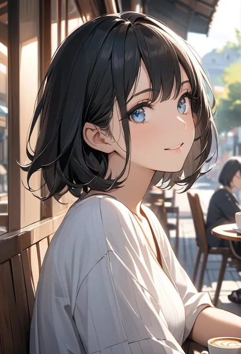 Upper body close-up（((masterpiece), on) "Perfect face, short black hair, beautiful eyes, Japanese, clean facial features, she smiles gently while sitting at a café terrace, gazing into the distance. Her face shows a relaxed expression, and her eyes reflect...