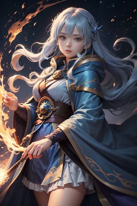 Anime girl wearing a blue cloak and a blue dress holding a cane, Beautiful Celestial Wizard, Full-body portrait of an elementalist, portrait of a Female Wizard, Beautiful young wind spirit, Zodiac Knight Girl Portrait, Female Wizard, Female Wizard, okita s...