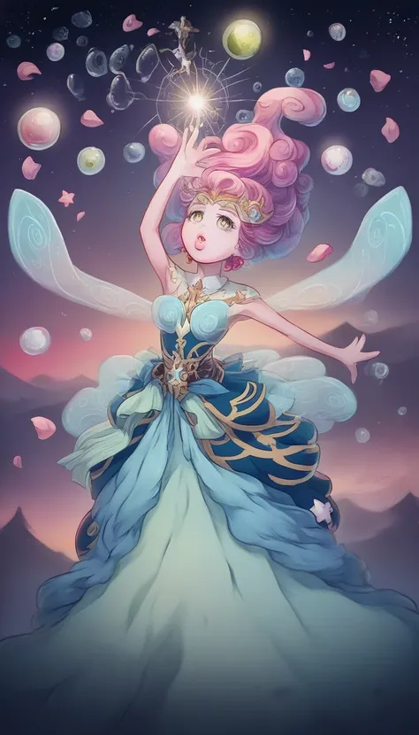 Anatomically correct,((Masterpiece:1.5)). This piece of art is sweet., dreamer, idyllic and ethereal, with soft violet watercolor tones and lots of bubble details adorned with iridescent colors.. beautiful fairy dress, Generates a delicate and demure fairy...