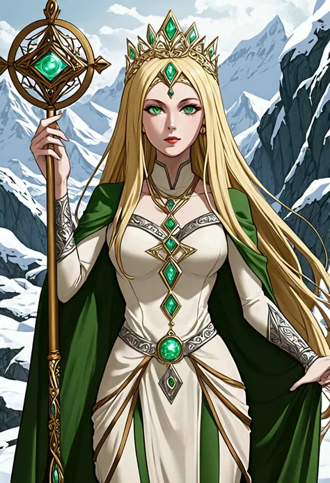 snow mountain sorceress tall pale woman straight golden hair green eyes, monk&#39;s clothes, grayish skin, silver tiara, magic r...