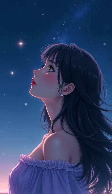 A woman thinking while gazing at the stars、Long Hair、Beautiful and well-proportioned face、Lilac dress、Starlight、Lonely、Look at, High resolution, Character profile, Close-up, 