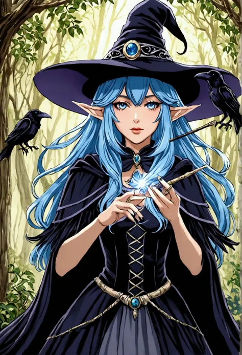 Forest witch elf woman blue hair white eyes, witch hat, Magic wand, rings on the fingers, Floresta encantada, ravens, magic.