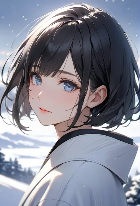 Upper body close-up（((masterpiece), on) "Perfect face, short black hair, beautiful eyes, Japanese, clean facial features, the blurred snowy landscape stretches out in the background, highlighting her same calm expression. Her face maintains the same sense ...