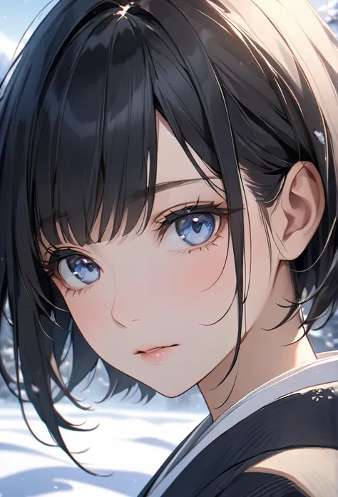 Upper body close-up（((masterpiece), on) "Perfect face, short black hair, beautiful eyes, Japanese, clean facial features, the blurred snowy landscape stretches out in the background, highlighting her same calm expression. Her face maintains the same sense ...