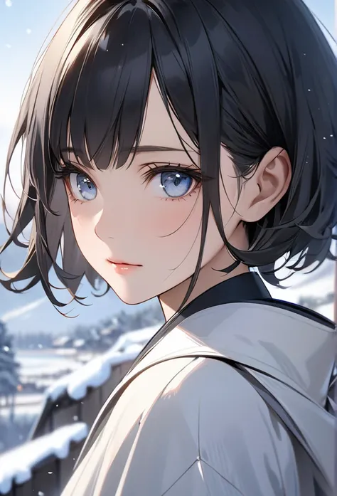 Upper body close-up（((masterpiece), on) "Perfect face, short black hair, beautiful eyes, Japanese, clean facial features, the blurred snowy landscape stretches out in the background, highlighting her same calm expression. Her face maintains the same sense ...