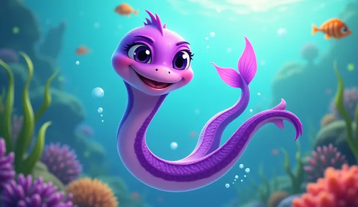 A happy purple eel in animated 