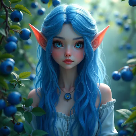 High Resolution, Best Quality, Detail, HD, High Details, High Quality, Quality, Super Detailed, UHD, Long Hair, Blue hair, in a blueberry forest, elf ears