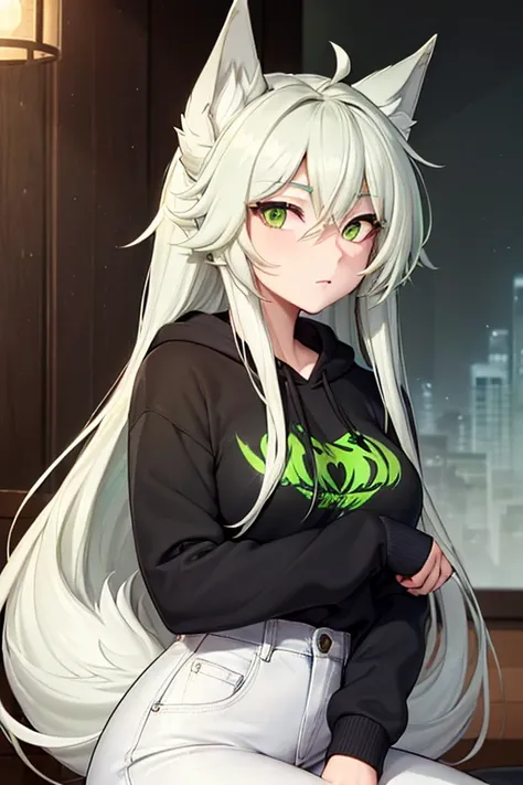 (work of art, Maximum quality, best qualityer, offcial art, beautiful and aesthetic:1.2) A She-Wolf, Light Green Wolf Ears, cabelo verde claro, wolf tail, white fur, gold eyes, Wearing a Black Sweatshirt and Blue Jeans.