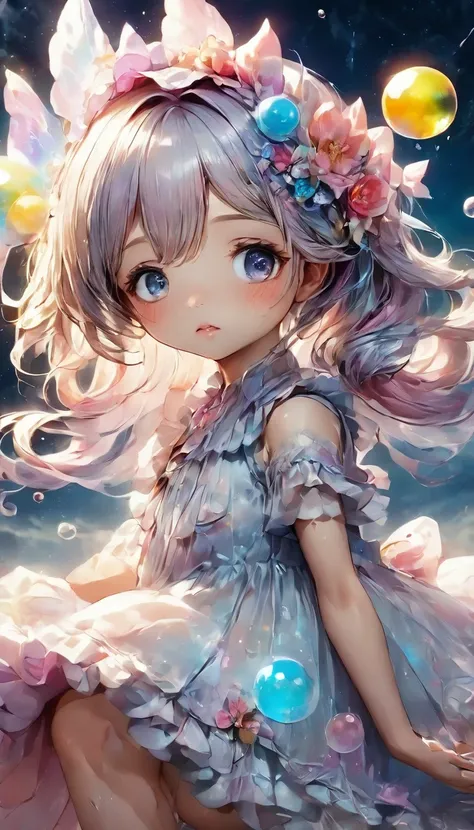 Anatomically correct,((Masterpiece:1.5)). This piece of art is sweet., dreamer, idyllic and ethereal, with soft violet watercolor tones and lots of bubble details adorned with iridescent colors.. beautiful fairy dress, Generates a delicate and demure fairy...