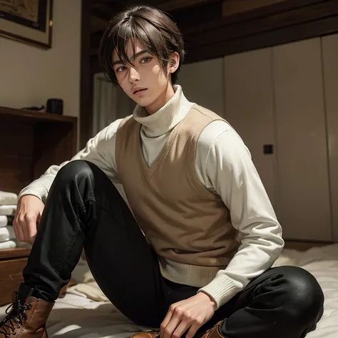 ((1 male teenager)),Tatsumi is a young man of average height with green eyes and medium-length brown hair with a cowlick that falls with his weight.. He often wore a white turtleneck jacket over a beige sweater vest., a pair of black pants, brown gloves an...