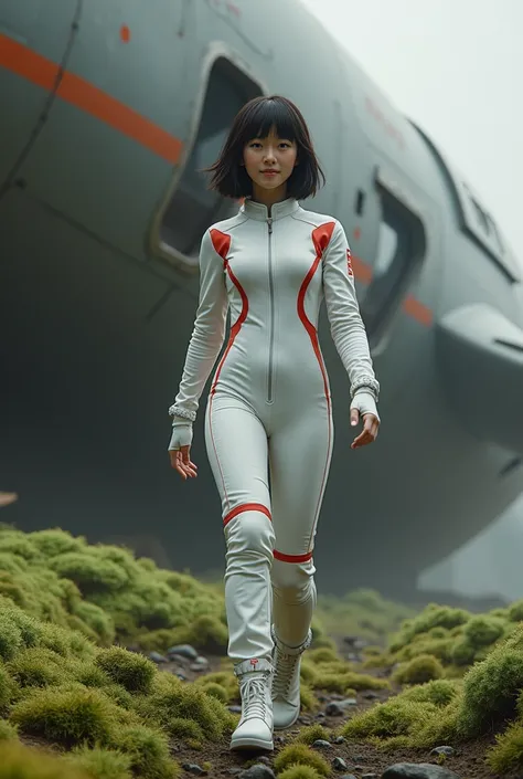 Colonizing a new colony planet、The earth is covered with green moss、An Earth woman takes her hopeful first steps up the gangway of a spaceship、White bodysuit with red accents、Black Hair、Bobcut、Japanese、smile、