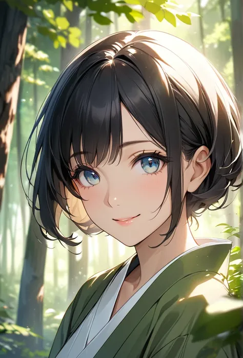 Upper body close-up（((masterpiece), on) "Perfect face, short black hair, beautiful eyes, Japanese, clean facial features, she smiles gently in the forest, enjoying the tranquility of nature. Her face reflects relaxation, and her eyes catch the light filter...