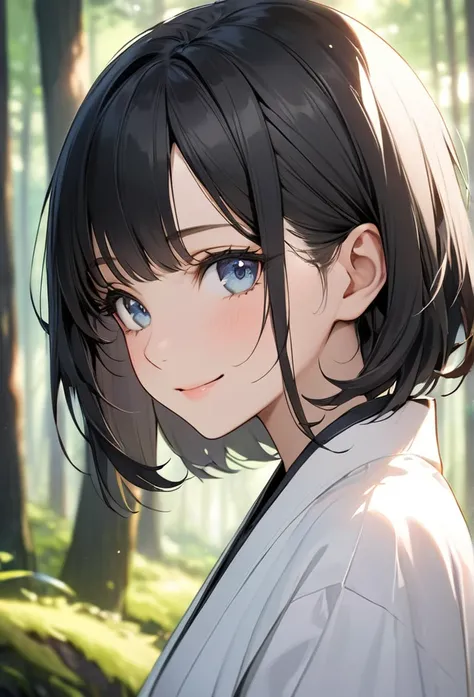 Upper body close-up（((masterpiece), on) "Perfect face, short black hair, beautiful eyes, Japanese, clean facial features, the blurred trees of the forest stretch out in the background, highlighting her same gentle expression. Her face maintains the same re...