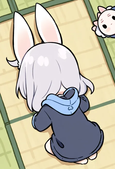 chibi,prone, sprawled out,full body,From above, a Japanese-style room, a girl wearing a hoodie, a hood with rabbit ears, lying on a tatami mat, sleeping, back of head, relaxed, Does it look dead?