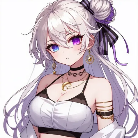 A girl with white hair in a bun with her right eye in blue and the left purple with a white and black crop top with a cleavage and a serious face wearing bracelets on her gold wrists and a necklace with a moon symbol and accessories on her ears small earri...