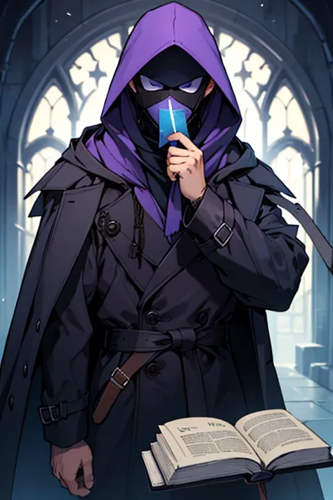 Man dressed in a trench coat rope winds Mysterious purple magic and sul with. A book in his hand and in the other hand he took off his mask with a mask. Wearing a hooded mask with the shape of a knight covering the entire face 



